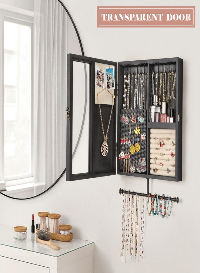 Keebofly Wall Mounted Jewelry Organizer With Rustic Wood Large Space Jewelry Cabinet, Holder, Storage Box for Necklaces, Earrings, Bracelets, Ring Holder, and Accessories Black - Image 2