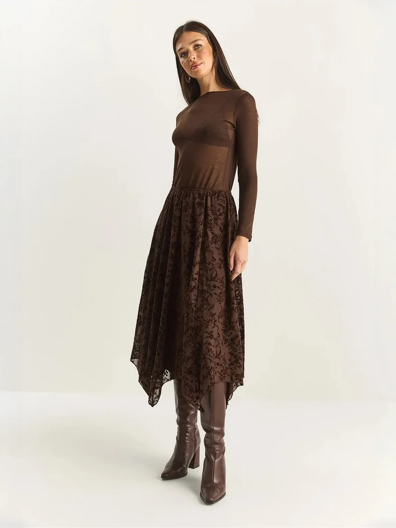 Bianco Lucci Dark Mocha Brown LUCCI High Waist Asymmetric Midi Skirt for Women | Best Price UAE