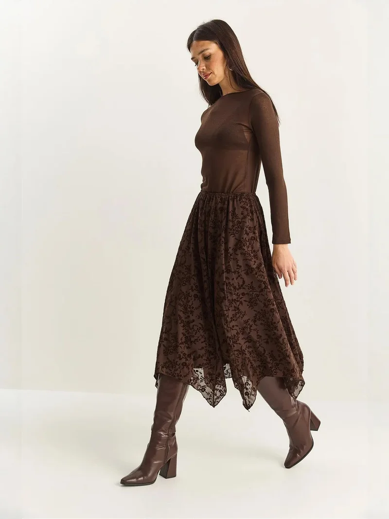 Bianco Lucci Dark Mocha Brown LUCCI High Waist Asymmetric Midi Skirt for Women | Best Price UAE