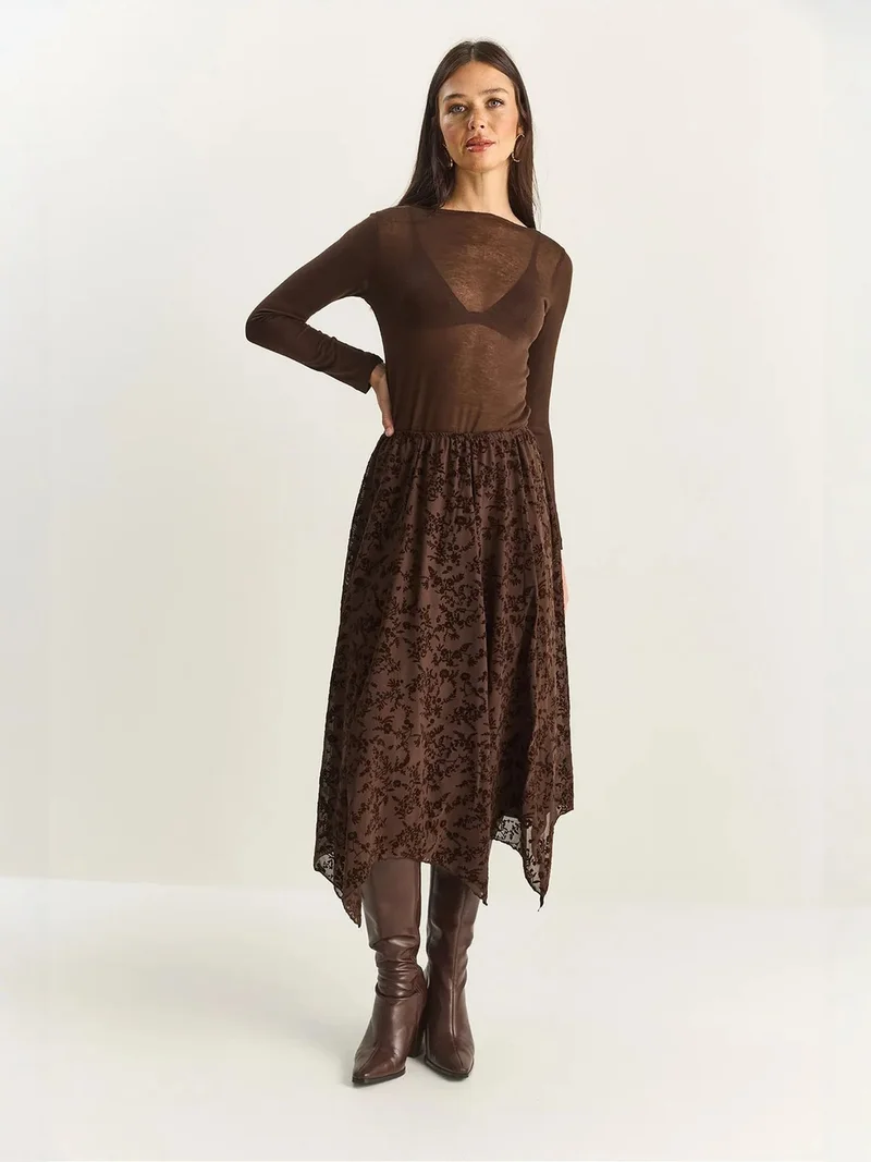 Bianco Lucci Dark Mocha Brown LUCCI High Waist Asymmetric Midi Skirt for Women | Best Price UAE
