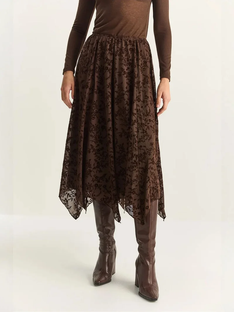 Bianco Lucci Dark Mocha Brown LUCCI High Waist Asymmetric Midi Skirt for Women | Best Price UAE