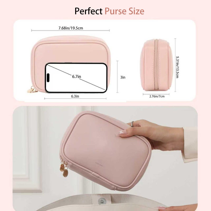 RIGHT AWAY Small Makeup Bag for Purse,Cosmetic Bag Organizer for Women,Waterproof PU Leather Make Up Pouch Toiletry Bag with Pockets,Portable Makeup Case for Travel Accessories&Accessories(Pink) - Image 2