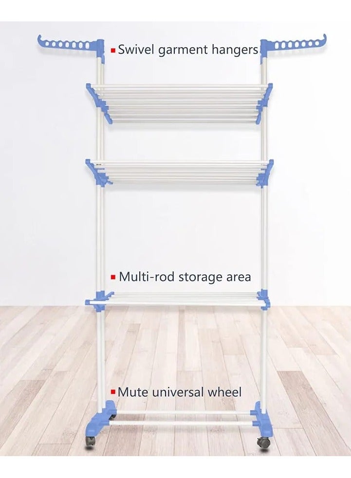 3-Tier Foldable Clothes Drying Rack with Adjustable Stainless Steel Hanger, Side Folding Wings & Wheels, Indoor/Outdoor Laundry Stand - Image 3