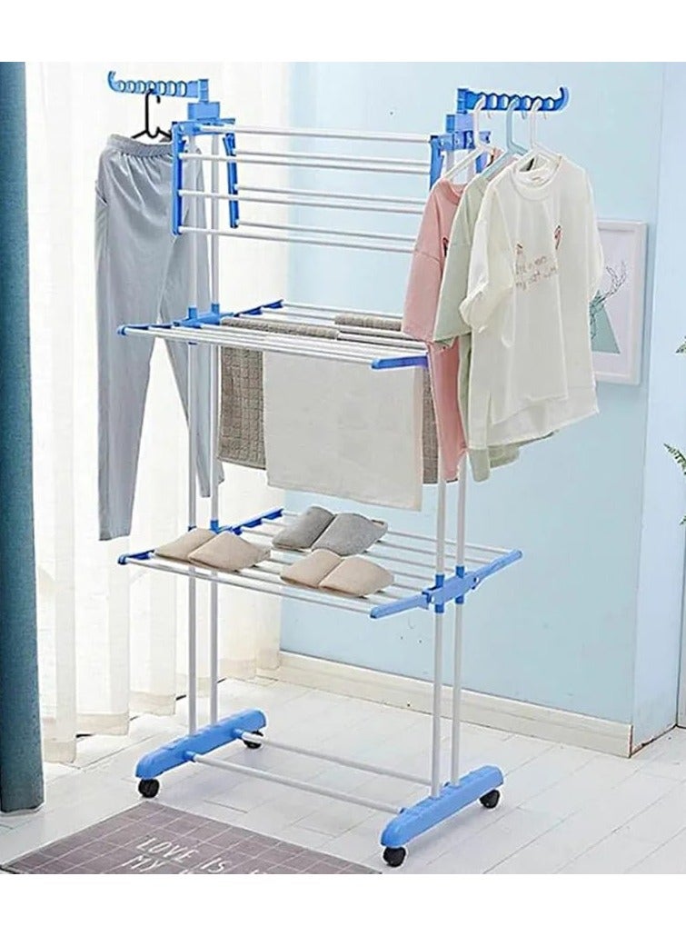 3-Tier Foldable Clothes Drying Rack with Adjustable Stainless Steel Hanger, Side Folding Wings & Wheels, Indoor/Outdoor Laundry Stand - Image 1