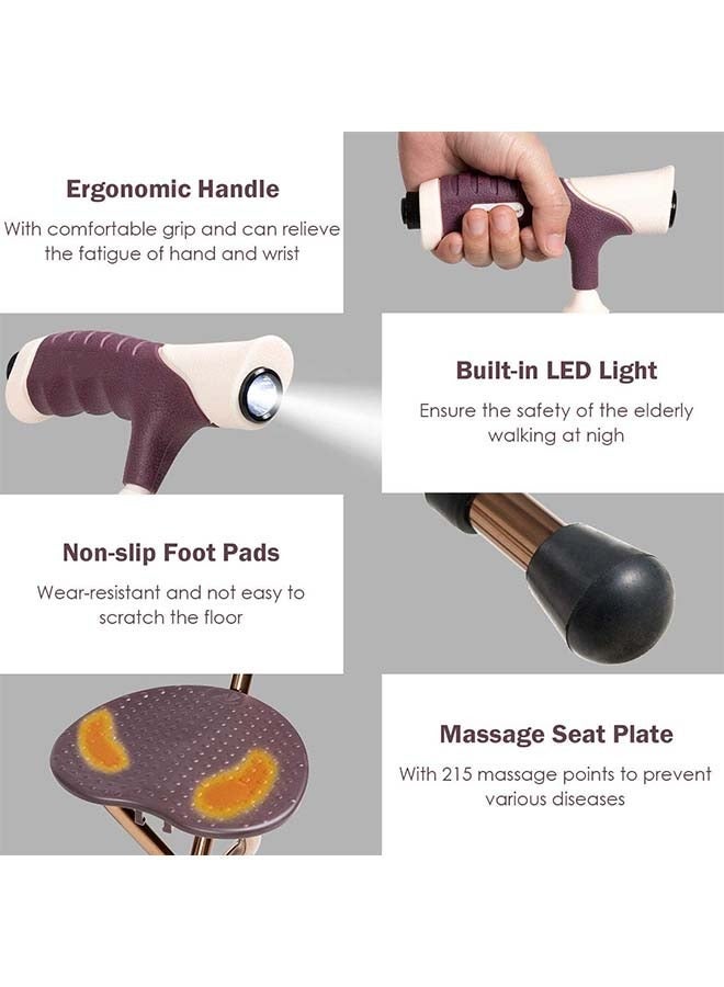 Sakulight عصا المشي مع مقعد، كرسي عكاز مصنوع من سبائك الألومنيوم شديد التحمل مع ضوء LED و3 أرجل قابلة للسحب، عصا مقعد محمولة مضادة للانزلاق، عصا مشي خفيفة الوزن لكبار السن - Image 4