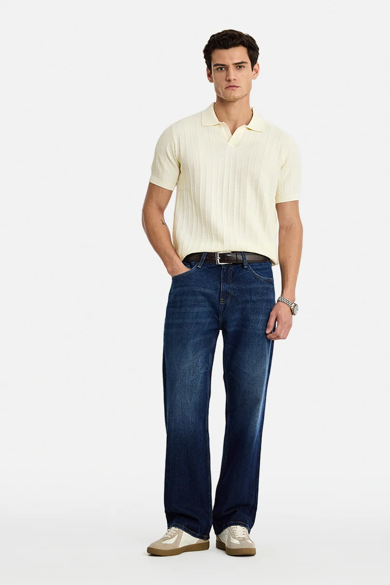 سنيتش Off-White Textured Half Sleeve Regular Fit Casual T-Shirt
