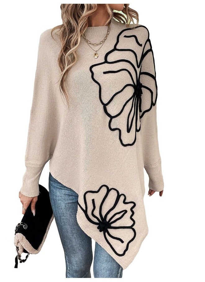 MakeMeChic - MakeMeChic Women's Fall Sweater Asymmetrical Hem Knit Poncho Sweater Apricot XL - Image 1