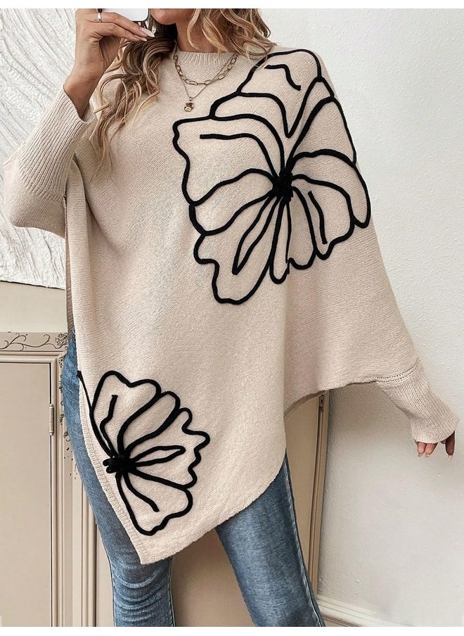 MakeMeChic - MakeMeChic Women's Fall Sweater Asymmetrical Hem Knit Poncho Sweater Apricot XL - Image 1