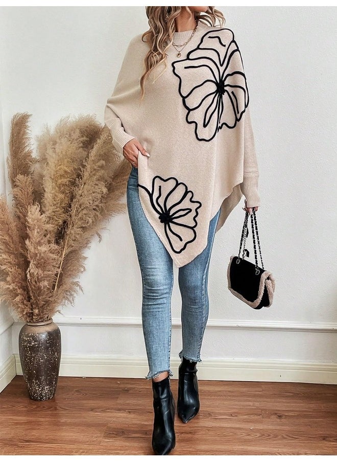 MakeMeChic - MakeMeChic Women's Fall Sweater Asymmetrical Hem Knit Poncho Sweater Apricot XL - Image 1
