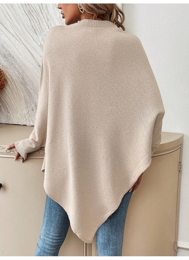 MakeMeChic - MakeMeChic Women's Fall Sweater Asymmetrical Hem Knit Poncho Sweater Apricot XL - Image 1