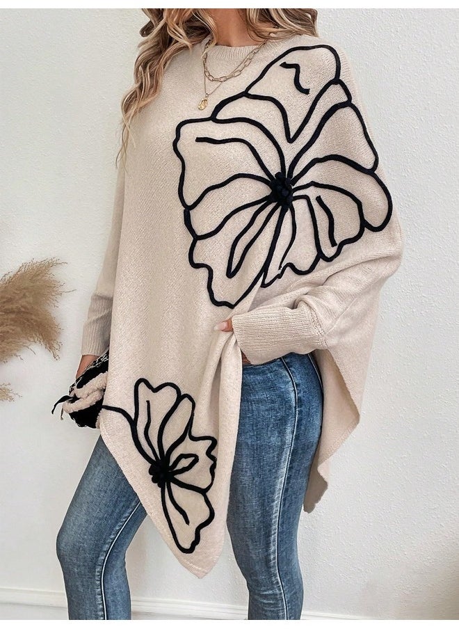 MakeMeChic - MakeMeChic Women's Fall Sweater Asymmetrical Hem Knit Poncho Sweater Apricot XL - Image 1