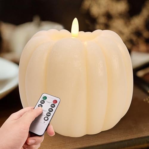 MOREDOTS Fall Decorations for Home - Fall Decor - Flickering Flameless Wax Pumpkin LED Candle with Timer Remote - Light Up Pumpkin Candle for Mantel Table - Thanksgiving Centerpiece for Autumn Indoor Decor - Image 1
