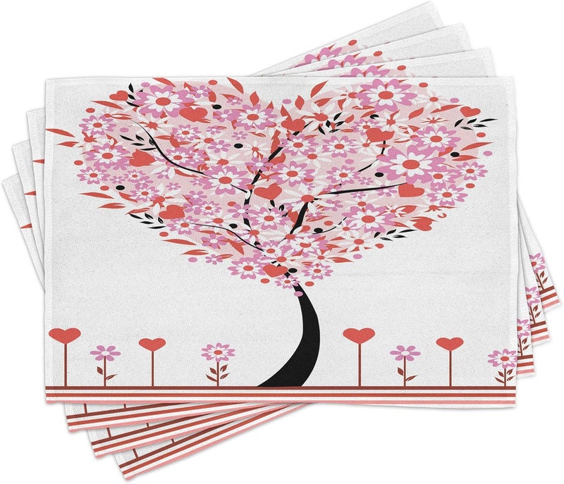 Ambesonne Valentine Place Mats Set of 8 Heart Shaped Tree Daisies Wildflowers Red Leaves Forest Romance Season Image Washable Fabric Placemats for Dining Table Placemat 8 pcs Pink Red - Image 1