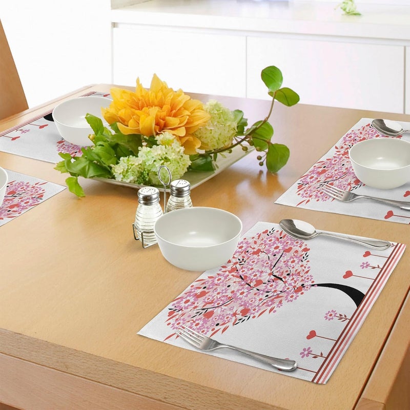Ambesonne Valentine Place Mats Set of 8 Heart Shaped Tree Daisies Wildflowers Red Leaves Forest Romance Season Image Washable Fabric Placemats for Dining Table Placemat 8 pcs Pink Red - Image 4