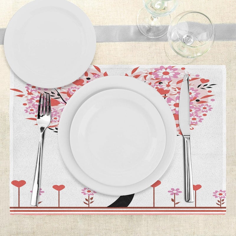 Ambesonne Valentine Place Mats Set of 8 Heart Shaped Tree Daisies Wildflowers Red Leaves Forest Romance Season Image Washable Fabric Placemats for Dining Table Placemat 8 pcs Pink Red - Image 3
