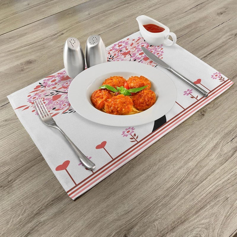 Ambesonne Valentine Place Mats Set of 8 Heart Shaped Tree Daisies Wildflowers Red Leaves Forest Romance Season Image Washable Fabric Placemats for Dining Table Placemat 8 pcs Pink Red - Image 2