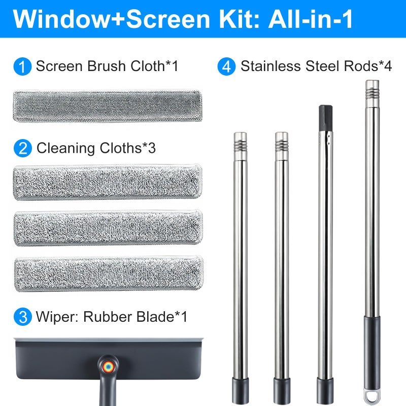 Purexa 3-in-1 Window Squeegee for Home - 60" Window Cleaning Kit with 3 Microfiber Cloths & Screen Brush, All-in-1 Cleaner Tool for Outdoor Windows, Glass Door & Screens, Lightweight & Easy Storage - Image 3