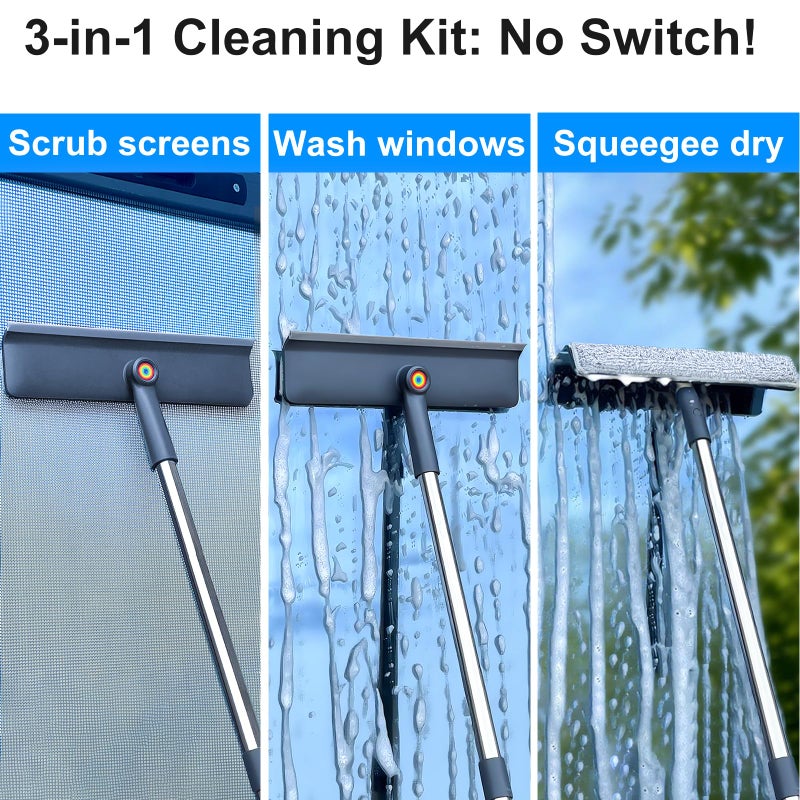 Purexa 3-in-1 Window Squeegee for Home - 60" Window Cleaning Kit with 3 Microfiber Cloths & Screen Brush, All-in-1 Cleaner Tool for Outdoor Windows, Glass Door & Screens, Lightweight & Easy Storage - Image 2