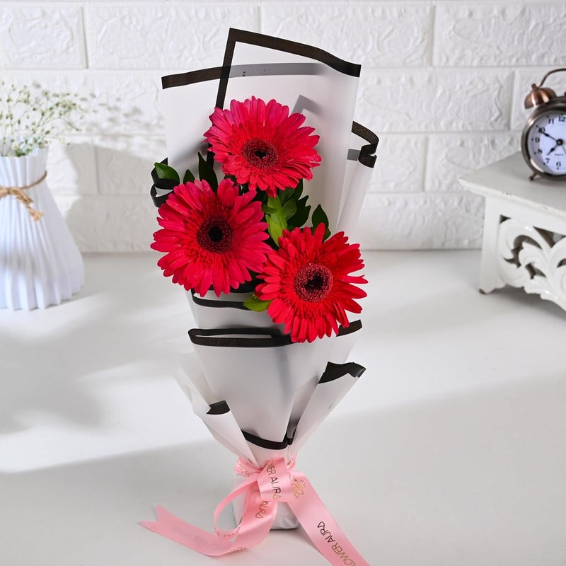 FlowerAura Fresh Live Flower Bouquet of 3 Pink Gerberas Flowers For Birthday Gift Anniversary Gift Wedding Gift Valentines Day Gift Gift For Special Occasion Same Day Delivery - Image 1