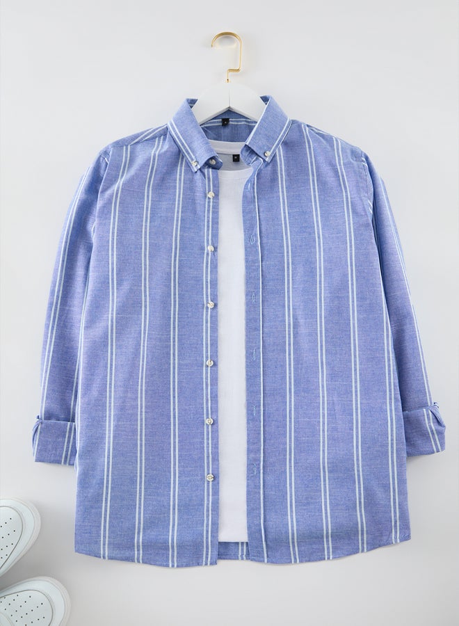 Blue Slim Fit Button Down Collar Pinstripe Shirt TMNSS20GO0092