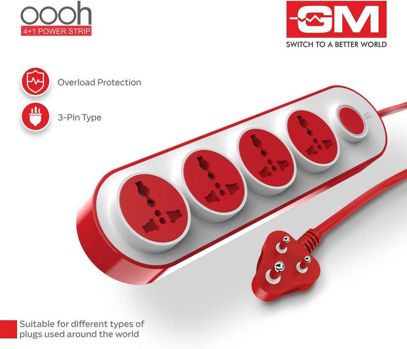 GM 3257 10 Amp Extension Board with 2 Metre Heavy Duty Copper Extension Cord – 4 International Sockets, Master Switch, LED Indicator with Safety Shutter - Image 5