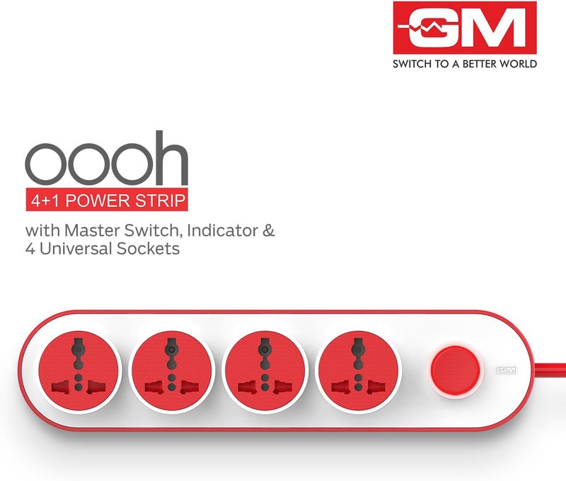 GM 3257 10 Amp Extension Board with 2 Metre Heavy Duty Copper Extension Cord – 4 International Sockets, Master Switch, LED Indicator with Safety Shutter - Image 3