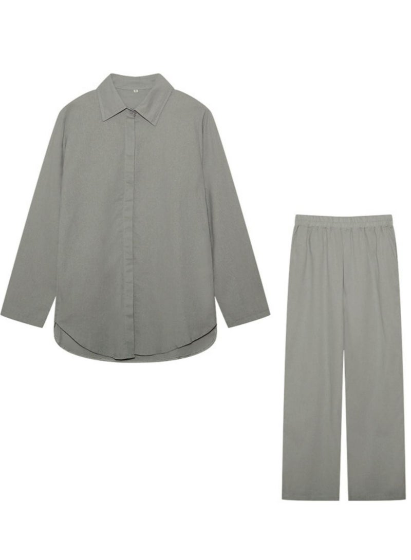 roaiss Ladies Comfortable Cotton Linen 2 Piece Suit for Daily Commute - Shirt and Wide Leg Pants Set with Simple Loose Fit Design for Leisure - Image 3