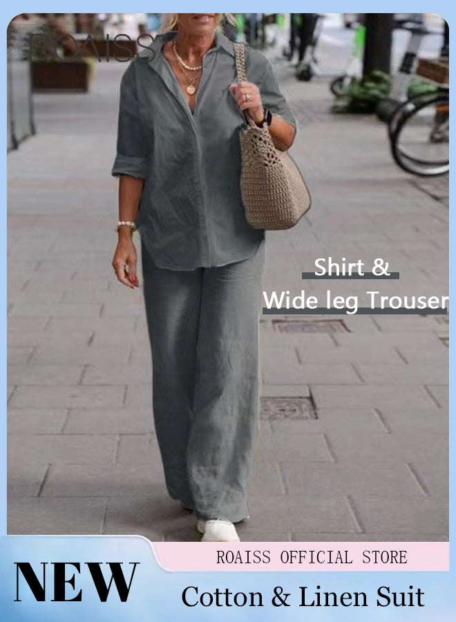 roaiss Ladies Comfortable Cotton Linen 2 Piece Suit for Daily Commute - Shirt and Wide Leg Pants Set with Simple Loose Fit Design for Leisure - Image 1