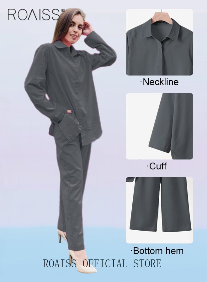 roaiss Ladies Comfortable Cotton Linen 2 Piece Suit for Daily Commute - Shirt and Wide Leg Pants Set with Simple Loose Fit Design for Leisure - Image 2