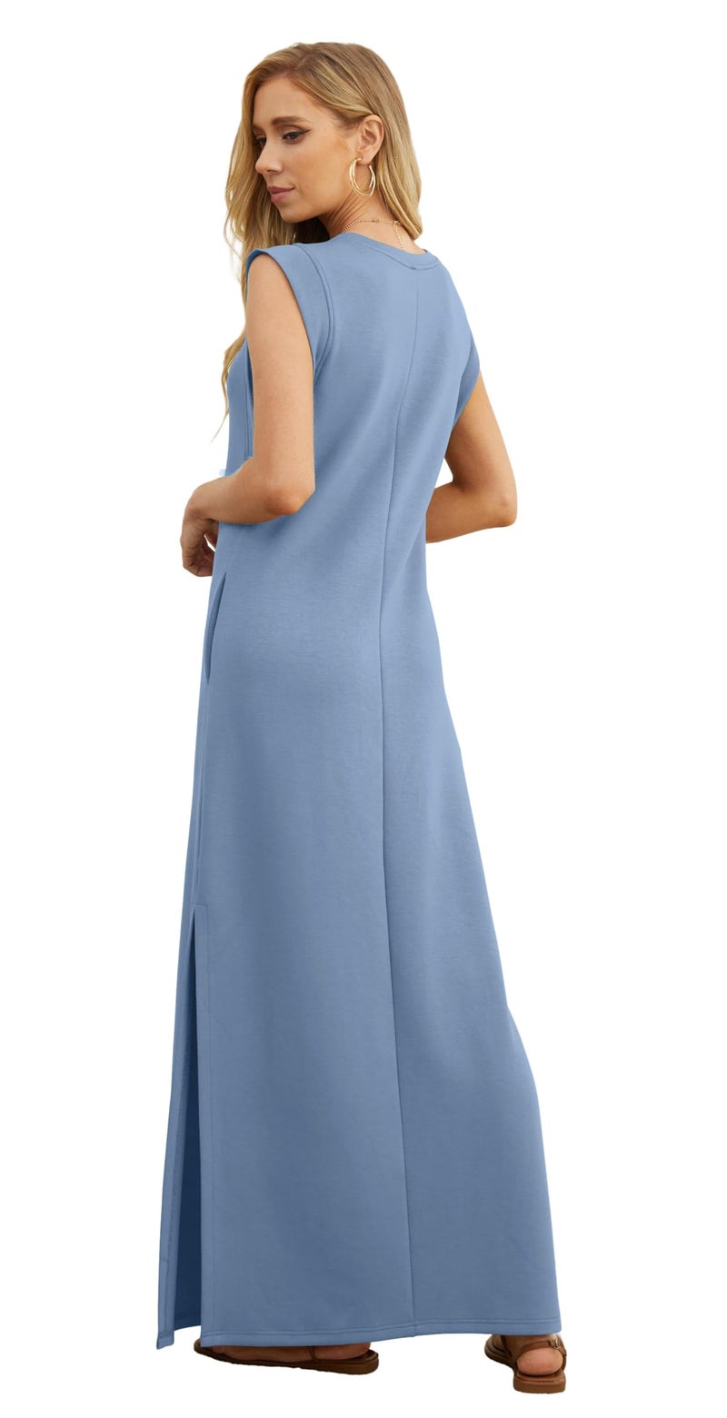 GRECERELLE Women's Summer Crew Neck Loose Split Casual Long Maxi Beach Dress with Pockets (Small, Denim Blue) - Image 5