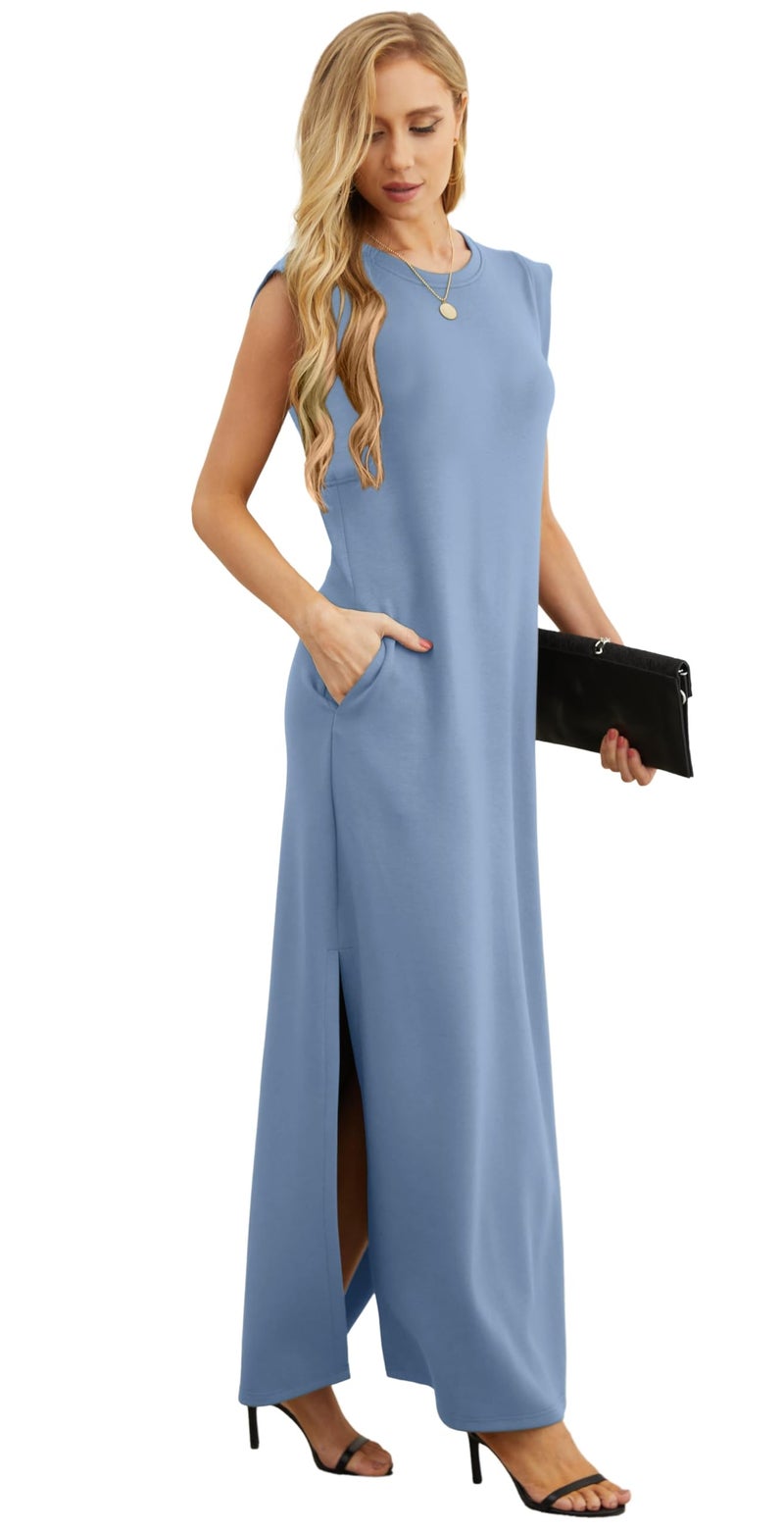 GRECERELLE Women's Summer Crew Neck Loose Split Casual Long Maxi Beach Dress with Pockets (Small, Denim Blue) - Image 4