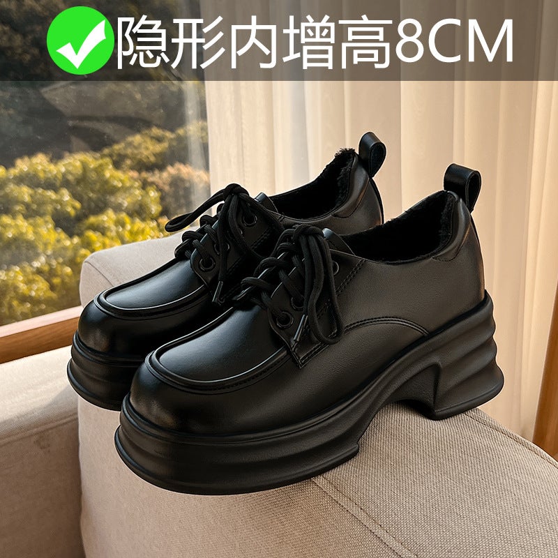 8Cm Small Height Inner Small Size Small Leather Shoes Women'S British Style Single-Layer Shoes Lace-Up Fleece-Lined Loafers Women'S - Image 3