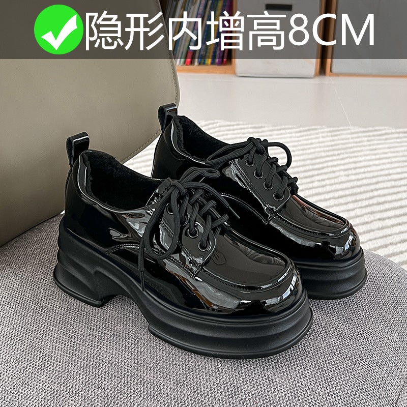8Cm Small Height Inner Small Size Small Leather Shoes Women'S British Style Single-Layer Shoes Lace-Up Fleece-Lined Loafers Women'S - Image 4