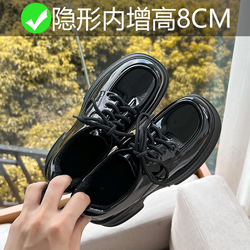 8Cm Small Height Inner Small Size Small Leather Shoes Women'S British Style Single-Layer Shoes Lace-Up Fleece-Lined Loafers Women'S - Image 2