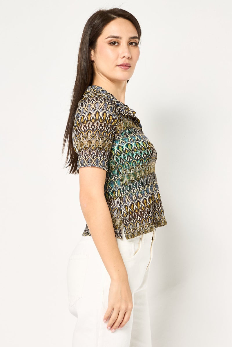 promod Women Spread Collar Short Sleeve Crochet Blouse, Multicolor - Image 3
