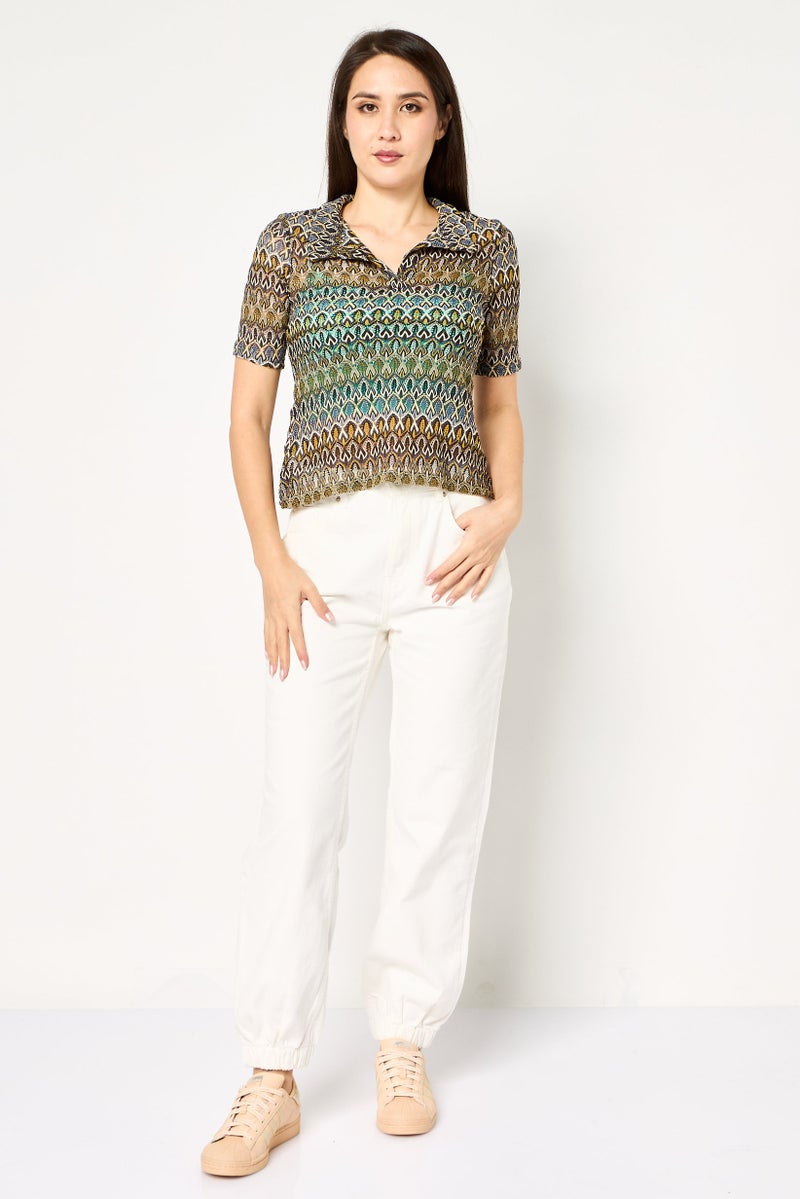 promod Women Spread Collar Short Sleeve Crochet Blouse, Multicolor - Image 2