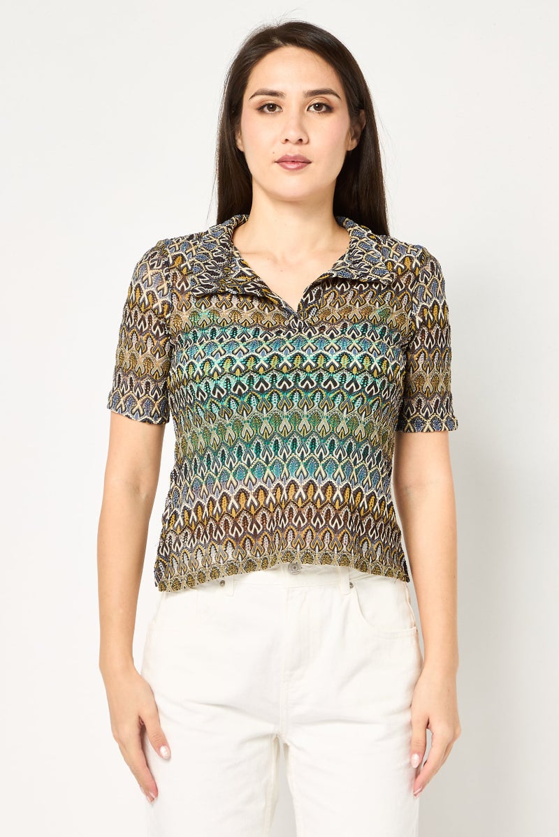 promod Women Spread Collar Short Sleeve Crochet Blouse, Multicolor - Image 1