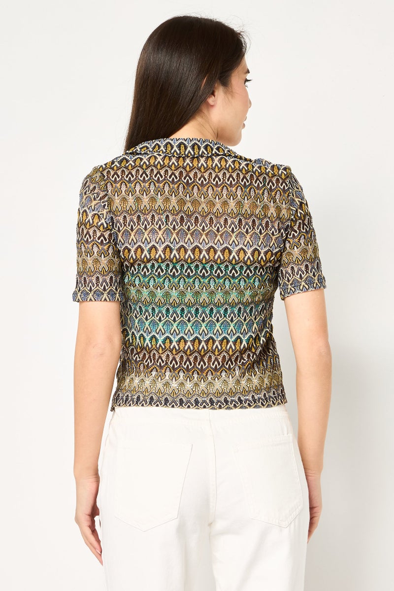 promod Women Spread Collar Short Sleeve Crochet Blouse, Multicolor - Image 4