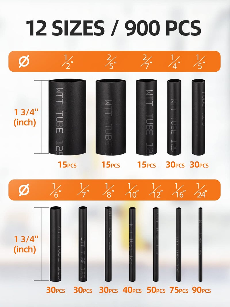 Eventronic 900PCS Wire Heat Shrink Tubing Kit, Industrial Heat-Shrink Tubing for Wires, 2:1 Marine Grade Heat Shrink Wrap, Premium Large Electrical Waterproof Heat Shrink Tape (Black 12 Sizes) - Image 2