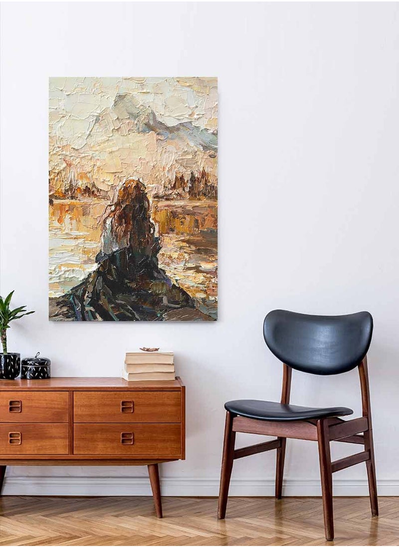 LOWHA Framed Canvas Wall Art Stretched Over Wooden Frame, Waiting Girl  Painting, For Home, Living Room, Office Decor  - Image 1