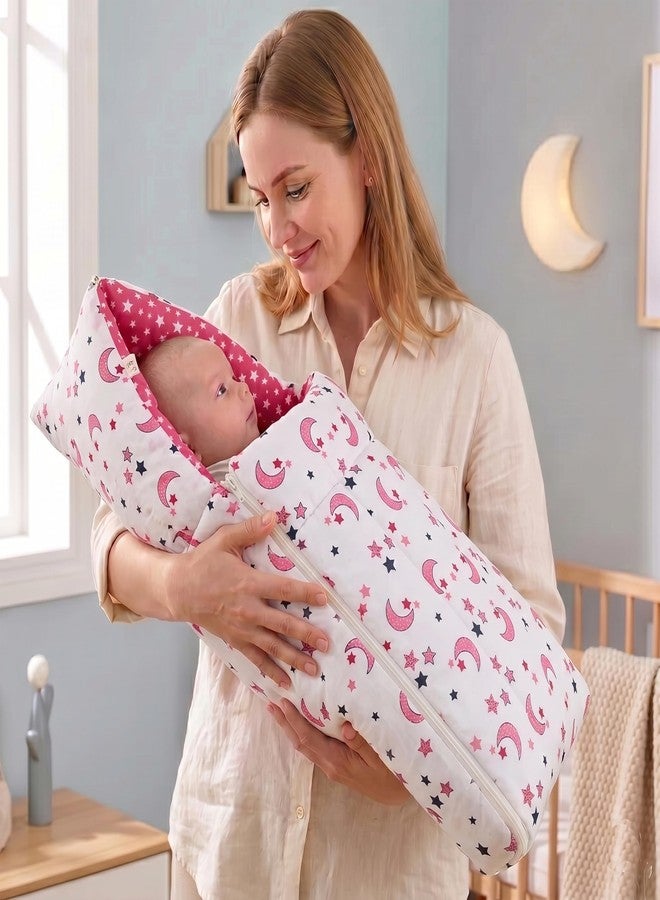 Infantbond Cotton Baby 3 in 1 Carry Bag Cum Sleeping Bag Cum Mattress(0-8 Months, Pink Moon & Star Lightweight. - Image 1