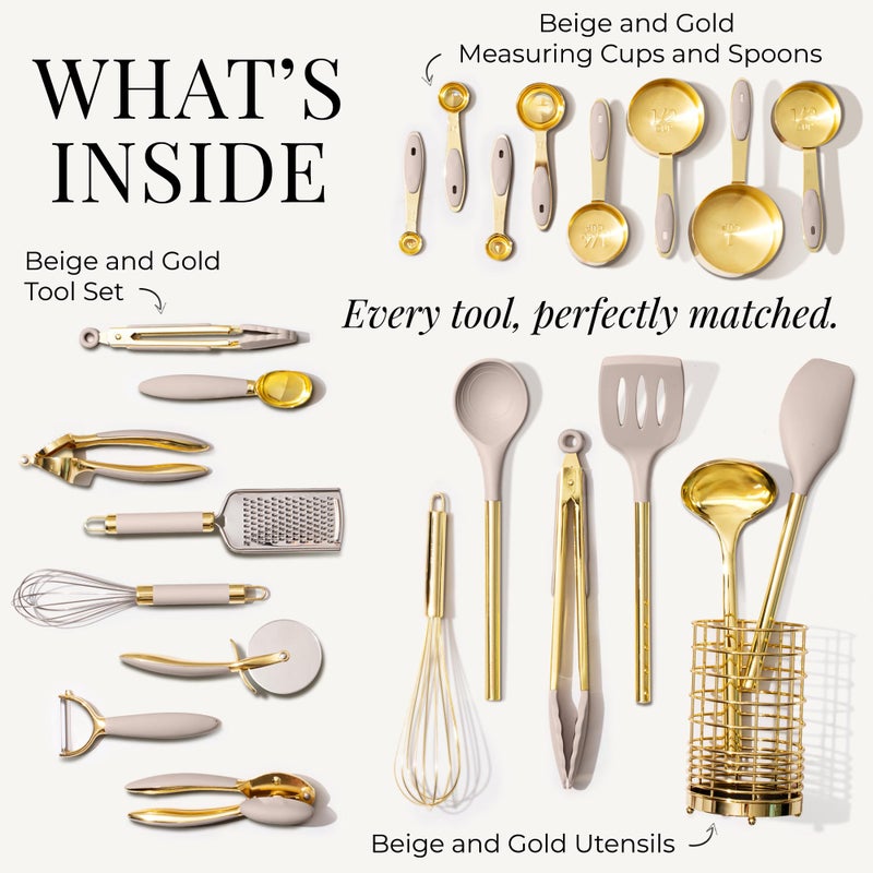 Styled Settings 23-Piece Beige and Gold Utensils Set â€“ Silicone Nonstick Cooking Tools with Garlic Press, Can Opener, Measuring Cups, Utensil Holder â€“ Luxury Kitchen Accessories for Modern Homes - Image 3