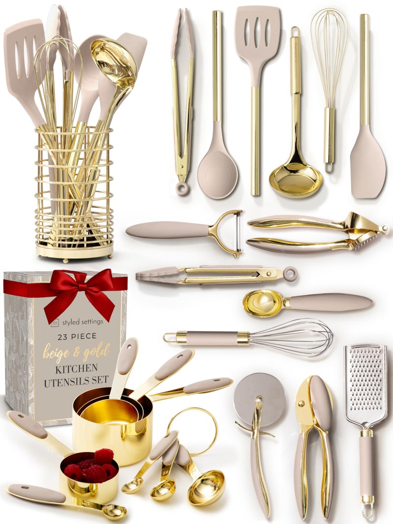 Styled Settings 23-Piece Beige and Gold Utensils Set â€“ Silicone Nonstick Cooking Tools with Garlic Press, Can Opener, Measuring Cups, Utensil Holder â€“ Luxury Kitchen Accessories for Modern Homes - Image 1