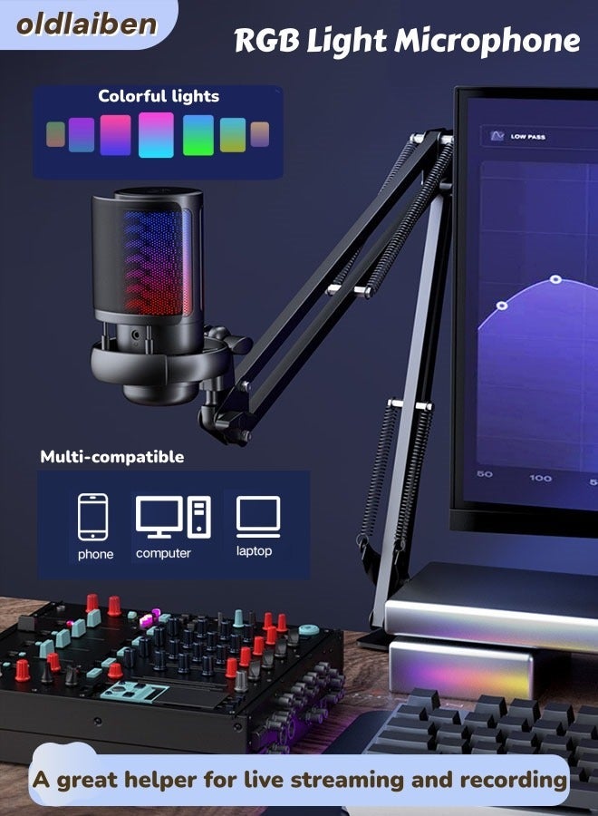 الدليبن ميكروفون مكثف USB، ميكروفون USB لأجهزة الكمبيوتر المخصصة للألعاب، ميكروفون بإضاءة RGB، ميكروفون مكثف للبودكاست بذراع قابل للتعديل، مزود بذراع حامل، فلتر مضاد للفرقعة، زر كتم الصوت للبث المباشر والدردشة عبر الإنترنت، متوافق مع أجهزة الكمبيوتر الشخصية، PS4، PS5، مناسب للاعبين ومنشئي محتوى اليوتيوب (أسود ME6P) - Image 1