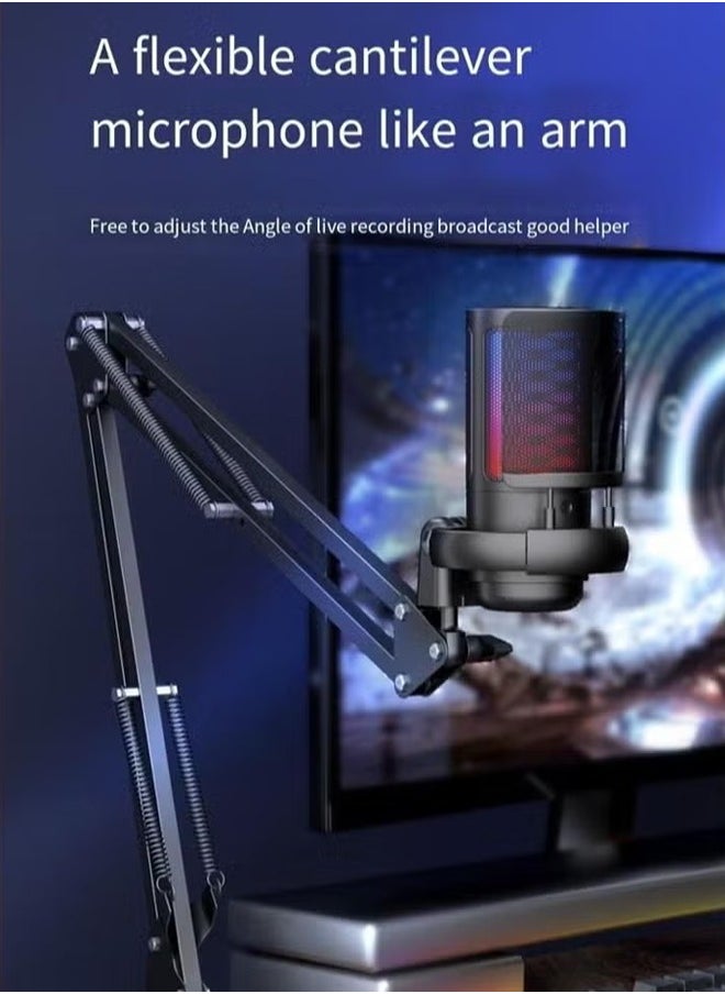 Gaming PC USB Microphone Podcast Condenser Mic with Boom Arm Pop Filter Mute Button for Streaming Twitch Online Chat RGB Computer Mic for PS4 PC Gamer Youtuber