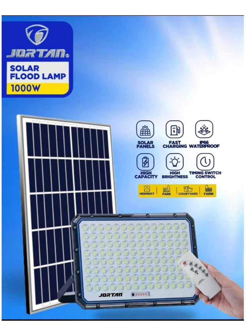 JORTAN Rechargeable Solar Flood Lamp 1000watt , High Brightness, High Capacity Battery, IP66 Waterproof, Fast Charging Solar panel, 12 to 15 Hours Battery Backup, Indoor and Outdoor Solar Floodlamp