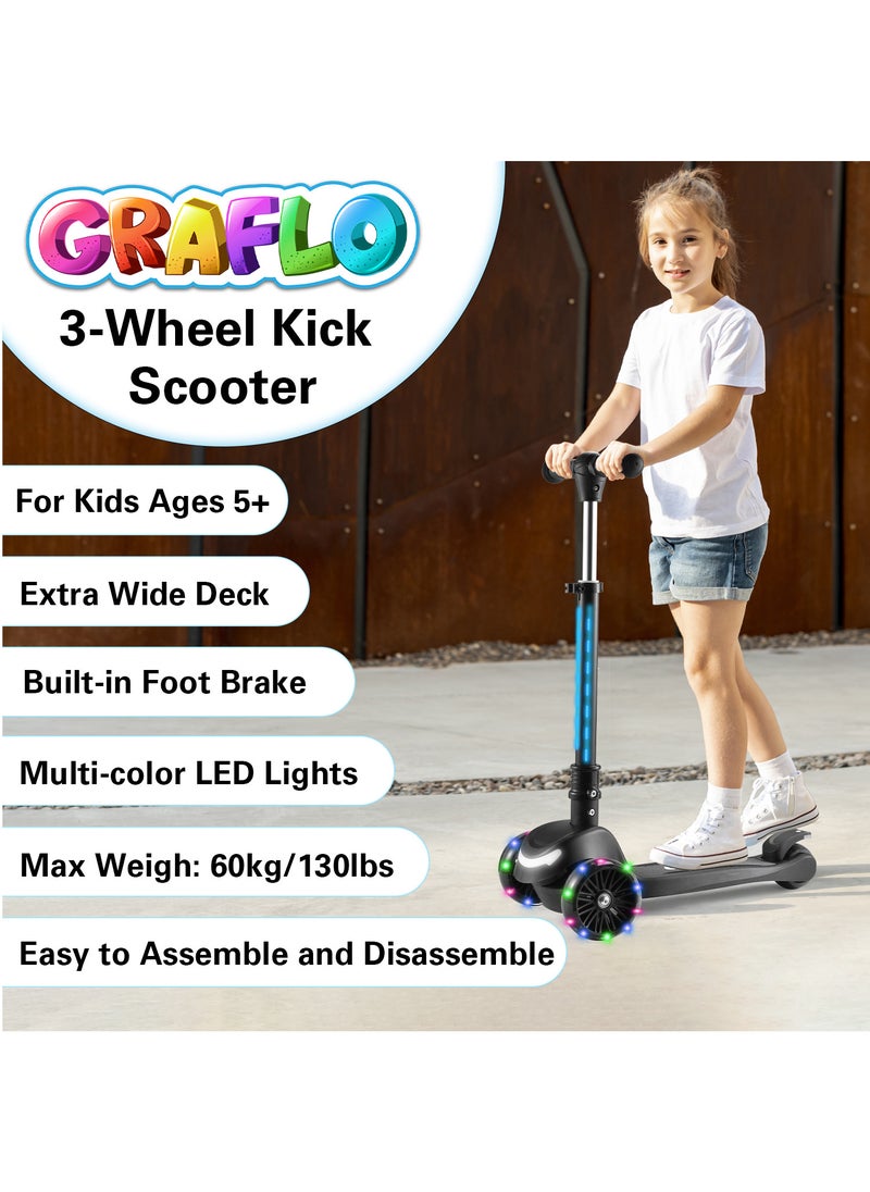 GRAFLO - 3 Wheel Kick Scooter Includes LED Lights on Stem and Light Up Wheels Height Adjustable Handlebar Lean to Steer System Easy Folding Mechanism Push Scooter for Children - Image 1