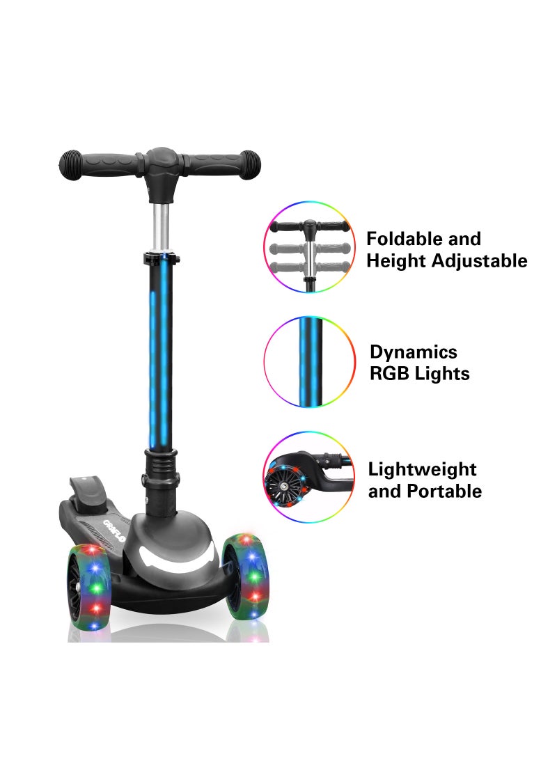 GRAFLO - 3 Wheel Kick Scooter Includes LED Lights on Stem and Light Up Wheels Height Adjustable Handlebar Lean to Steer System Easy Folding Mechanism Push Scooter for Children - Image 1
