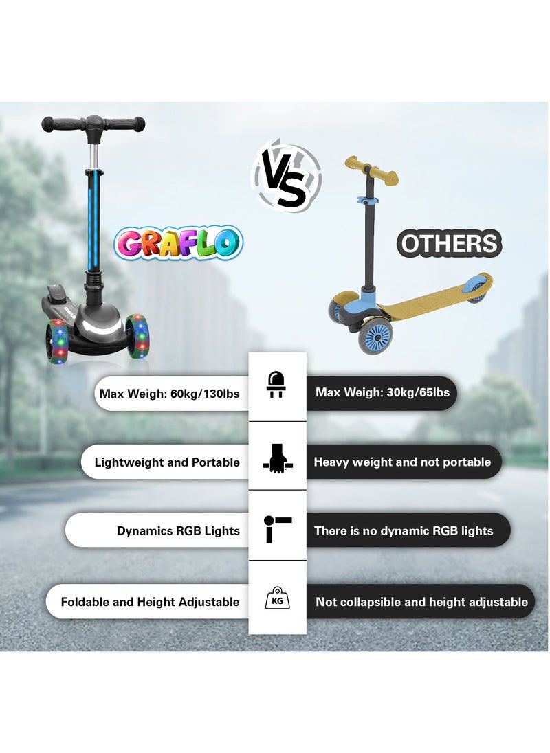 GRAFLO - 3 Wheel Kick Scooter Includes LED Lights on Stem and Light Up Wheels Height Adjustable Handlebar Lean to Steer System Easy Folding Mechanism Push Scooter for Children - Image 1