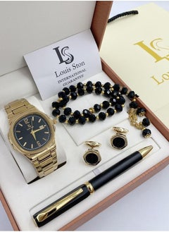 A high-quality, elegant men's watch gift set from Louis Ston, a Gold bracelet with and a Black dial with the date display - Limited edition